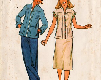 1977 Uncut MISSES' SKIRT & TOP Pattern Simplicity #7998 Size 16 Bust 38" Long/Short Sleeves Mandarin Collar Ladies' Vintage Fall Sewing
