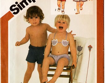 1983 Uncut Toddlers' BIKINI TRUNKS JACKET Robe Pattern Simplicity #6010 Size 4 Boys/Girls Swimwear Summer Appliques Vintage Sewing