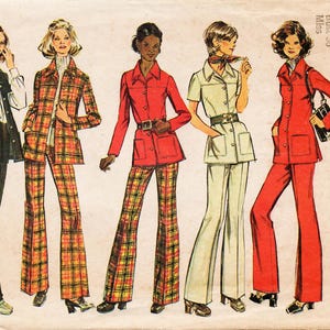 May include: Vintage Simplicity sewing pattern featuring illustrations of women's pantsuits. The suits are in various colors and patterns, including plaid and solid red. The pattern includes a bust size of 35 inches.