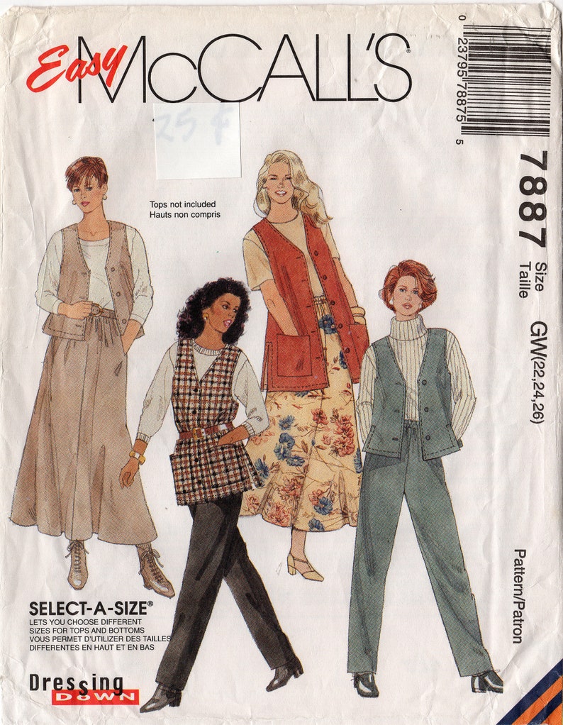 Uncut Misses' VEST PANTS SKIRT Pattern Mccall's 7887 Size 22, 24, 26 ...