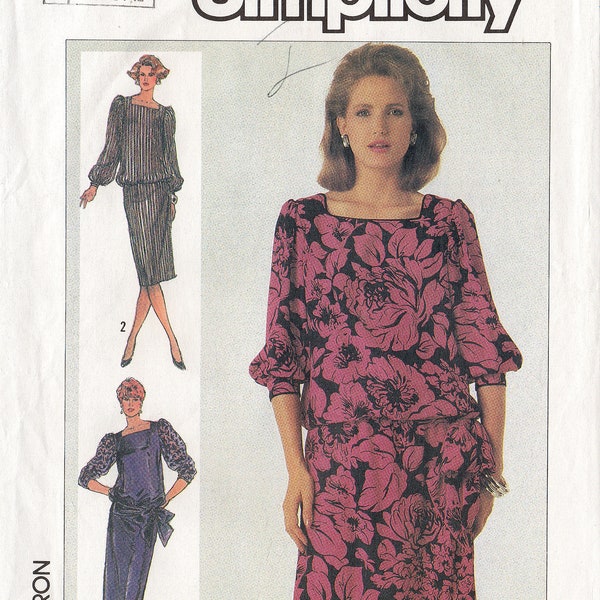 Uncut Misses BLOUSON DRESS PATTERN Simplicity #7168 Size 10 12 14 Easy-to-Sew Pull Sleeves Square Neckline 1985 Vintage Sewing