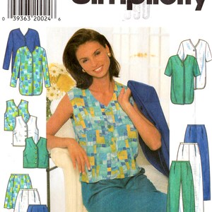 May include: Simplicity sewing pattern 7503 featuring a woman wearing a blue, green, and yellow patterned top and teal pants. The pattern includes various tops, vests, skirts, and pants. The size range is 14, 16, and 18.