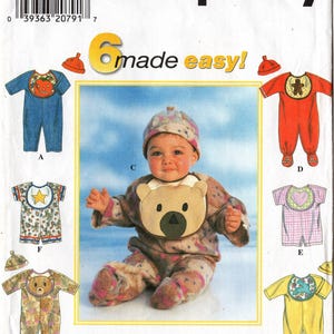 1997 Uncut Babies' ROMPER BIB HAT Simplicity Pattern #7827 Size Newborn Small Medium Large Vintage Sewing 6 Character Bibs Cozy Winter