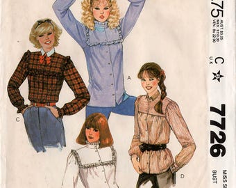1981 Uncut MISSES' BLOUSES PATTERN McCall's #7726 Size 14 Bust 36" Square Yoke Ruffles Prairie Look Button Front Ladies' Vintage Sewing