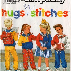 May include: A Simplicity 9890 sewing pattern envelope titled Hugs + Stitches, size A (2-6X). The cover features an illustration of four children wearing color-blocked sweatshirts, pants, and a dress with striped patterns and star prints.