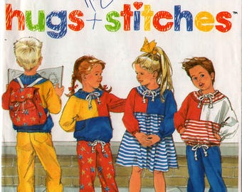 1990 Uncut Child's PANTS Knit Dress TOP BACKPACK Pattern Simplicity #9890 Size 2-6X Unisex Boys/Girls School Fashions Color Block Vintage