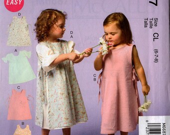 2013 Uncut Girls' DRESSES PINAFORES Pattern McCall's #6687 Size 6-7-8 EASY Pullover Ruffles Side Ties Spring/Summer Wear Ginger & Louise