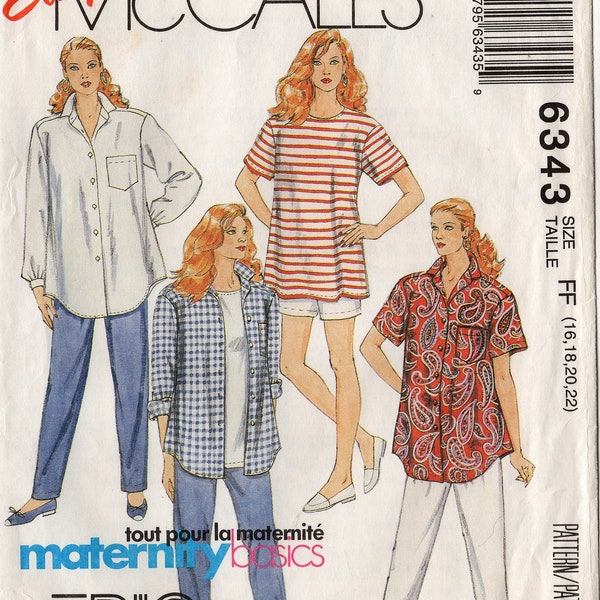 Uncut Misses' MATERNITY SHIRT Top PANTS Shorts Pattern McCall's #6343 Size 16-18-20-22 Bust 38"-44" Vintage 1993 Sewing