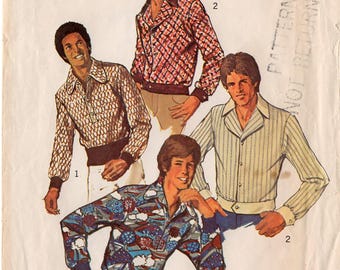 1974 Unused MEN'S MOD SHIRTS Pattern Simplicity 6247 Size 16 Chest 42" Button Front/Pullover Knit/Woven Banded Waist Vintage 1970's Sewing