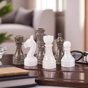 Handmade Marble Chess Pieces | Stone Chess Board Game | Grey Oceanic & White Figure
