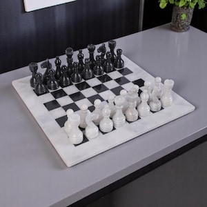 Modern black and white marble chess set with luxury weighted stone board, handmade vintage pieces, unique design, perfect gift and decor