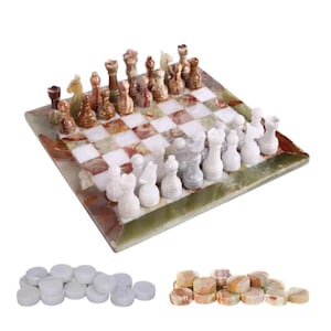 Handmade chess set marble pieces board onyx green board game stone luxury unique vintage large gift antique housewarming modern decor