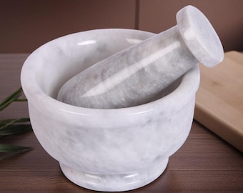 Juego de mortero y maja hechos a mano: Bol para moler hierbas de piedra, accesorios de cocina
