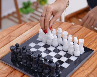 Handmade Marble Chess Set | Luxury Chess Board Game | Black and White Elegant Home Decore