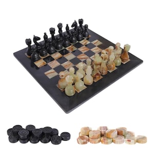 Modern Chess Set Handmade | Black & Onyx Green | Premium Marble Pieces Display | Elegant Stone Game Board | Vintage Gift for Him