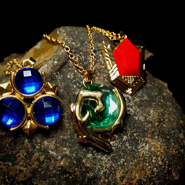 The Legend Of Zelda Spiritual Stones Necklace / Ocarina Of Time Pendants / Zora Sapphire / Kokiri Emerald / Goron Ruby / Video Game Cosplay