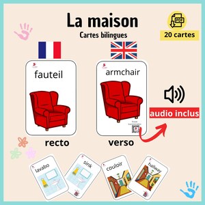 Cartes de vocabulaire Maison - Français/Anglais avec QR Code | Apprendre l'anglais en s'amusant | Format PDF