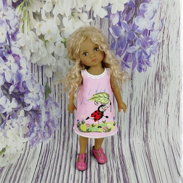 Dress for doll Boneka, dress for Dianna Effner doll, dress for 10 inch doll, doll dress with embroidery "Ladybug in the rain"