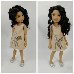 Fashion Friends 14.5 Inch Doll Dress, Beige Bambi Embroidery, Satin Lined Ruby Red Outfit