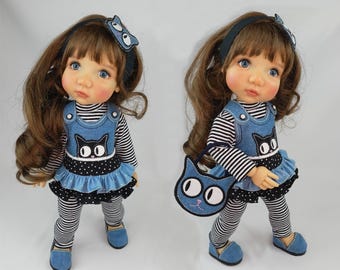 Moppets Meadow Doll Denim Clothes Set, "Black Cat" Embroidery, 15 inch