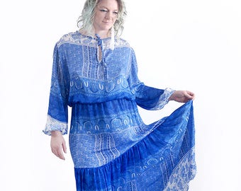 Silk Peasant Dress With Long Tiered Skirt. Size XL-XXL