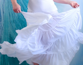 White Festive Tiered Flamenco Silk Skirt