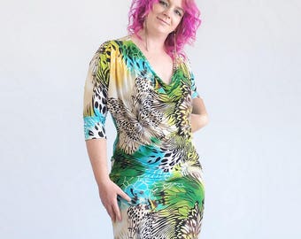 I Was A Butterfly In My Past Life. Tropical Butterfly Aqua Green Cowl Neck Kimono Dress, Dolman Dress, Bright Butterfly Dress. Size L-XL