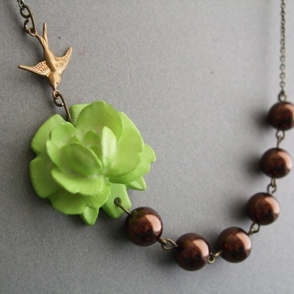 Lime Green Flower & Chocolate Brown Pearl Necklace,Delila (Free matching earrings)(Reserved)