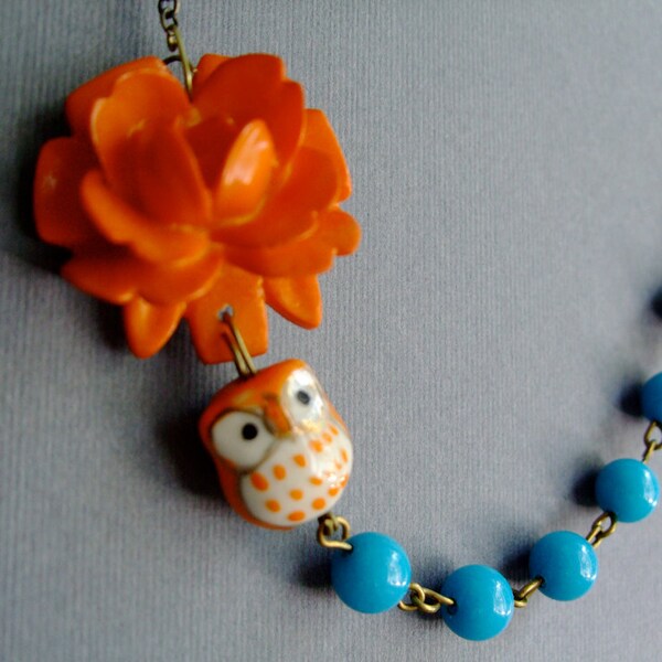 Owl Jewelry,Owl Necklace,Orange Necklace,Stone Jewelry (Free matching earrings)