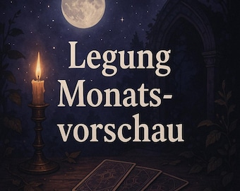 May include: An artistic image featuring a full moon in a starry night sky. A lit candle in a brass holder sits to the left, with three tarot cards at the bottom. The text "Legung Monats-vorschau" is displayed in white.