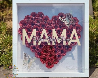 Gepersonaliseerde moeder bloem schaduwdoos, aangepaste naam hart roos frame decoraties, rozen schaduwdoos met naam, Moederdag cadeau, cadeau voor moeder