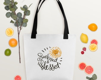 Sun-Kissed & Blessed Tote Bag - Inspirational Quote, Perfect Gift for Her, Stylish Summer Accessory, Ideal for Beach Days/Shopping