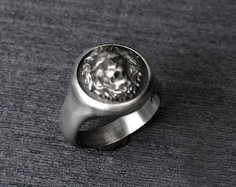 Anillo de plata 925 para hombre - Plata de ley oxidada - Anillo de león - Anillo grabado para hombre