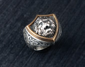 Men Silver Ring, Handmade Oxidized Sterling Silver Lion Ring: Engraved Men's Jewelry