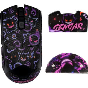 Könnte beinhalten: Schwarzes Gaming-Maus- und Mauspads-Set mit einem lila und rosa Gengar-Design. Die Maus hat einen strukturierten Griff mit Gengar-Illustrationen. Das Mauspads-Set enthält ein rechteckiges Pad mit dem Wort "Gengar" und ein halbkreisförmiges Pad.