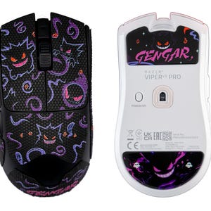 May include: A black and purple Razer Viper V3 Pro gaming mouse with a Gengar design. The top has a textured pattern with Gengar illustrations. The bottom is white with the word "Gengar" and the Razer logo.