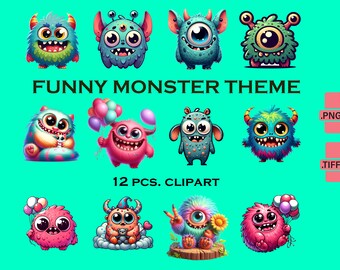 12 High Quality Sweet Monster PNG-TIFF Splash and Watercolor Digital design PNG file for sublimation Instant Digital Download