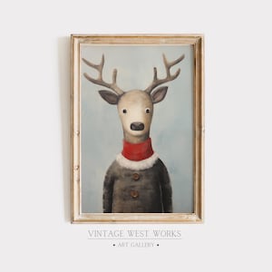 Christmas Reindeer Portrait Art Print | Festive Reindeer Mid-Century Modern Oil Painting | Christmas Home Decor | Printable Digital Download