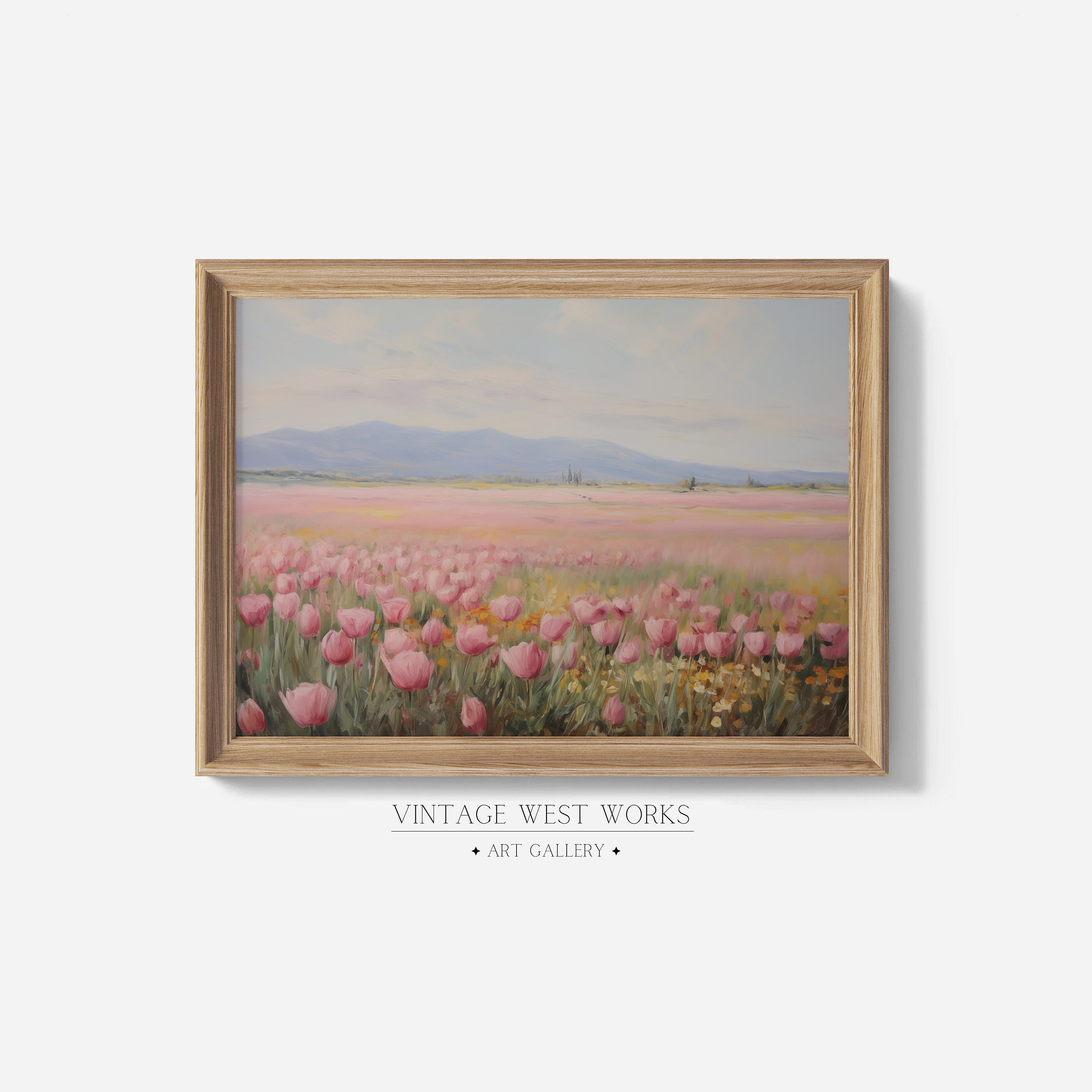 Classic Pink Tulip Field Art Print | Vintage Tulip Landscape Oil ...