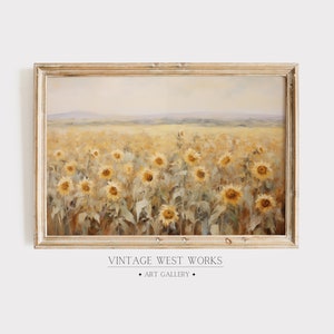 Puede incluir: Una pintura enmarcada de un campo de girasoles en tonos amarillos y verdes. La pintura tiene un aspecto vintage y está enmarcada en un marco de madera clara.