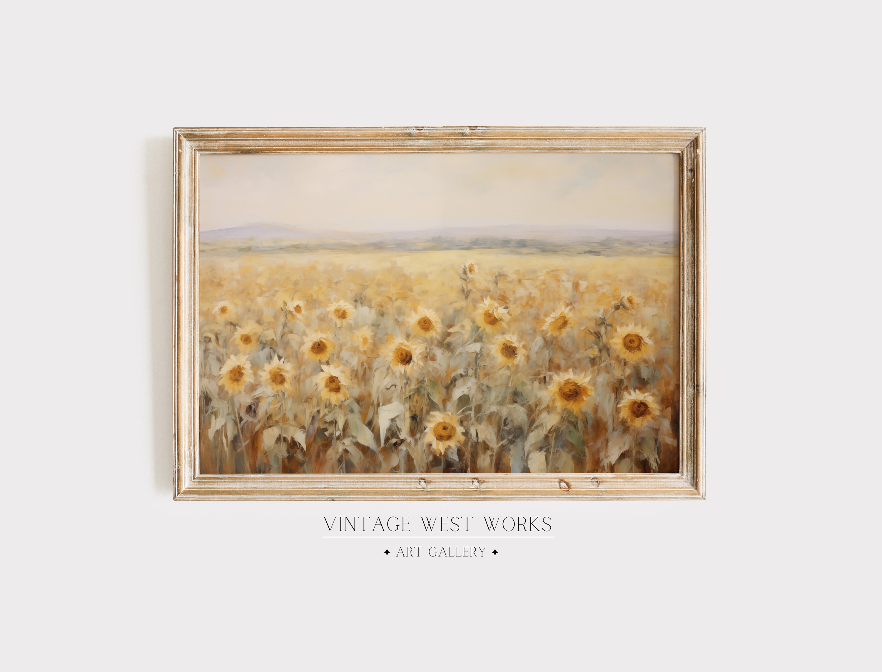 Vintage Sunflower Field Oil Painting | Muted Sunflower Landscape Art Print | Soft Rustic Farmhouse Decor | Printable Digital Download