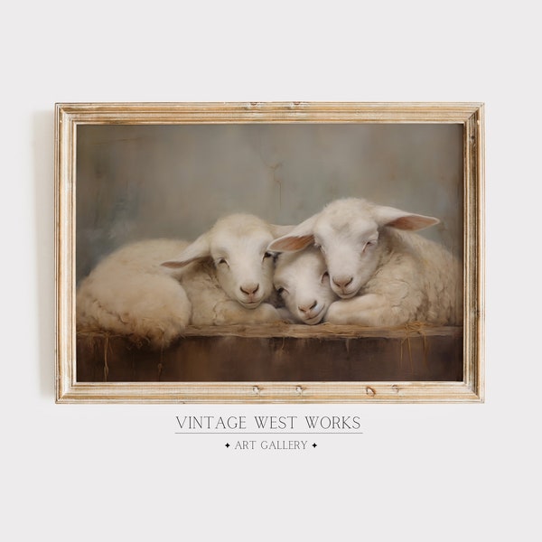 Vintage Three Lambs Manger Art Print | French Realism Sheep Oil Painting | Muted Wildlife Farmhouse Decor | Printable Digital Download