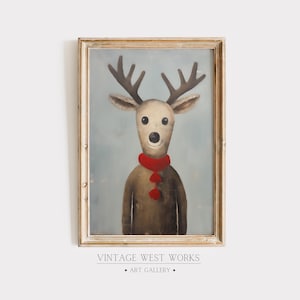 Cute Smiling Reindeer Portrait Art Print | Christmas Reindeer Mid-Century Modern Oil Painting | Christmas Decor | Printable Digital Download