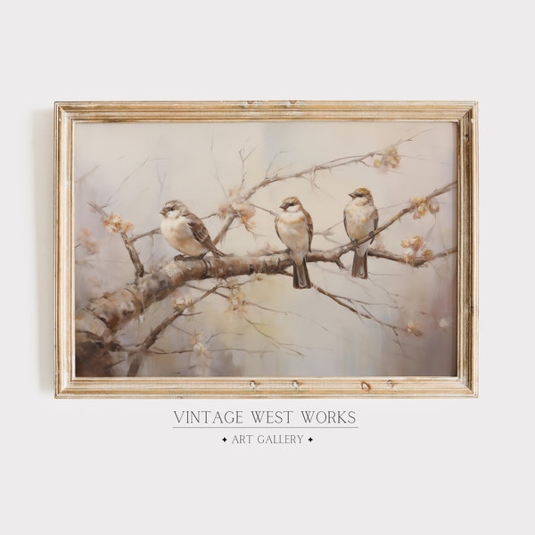 Vintage Birds Perched On Branch Art Print | Muted Tones Bird Oil Painting | Rustic Wildlife House Wall Decor | Printable Digital Download