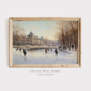 European Winter Town Ice Skating Art Print | Skating Ice Frozen River Painting | Cool Tone Winter Home Decor | Printable Digital Download