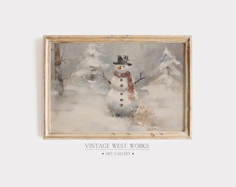 Impresión artística de paisaje invernal con muñeco de nieve en tonos suaves / Pintura al óleo rústica navideña con muñeco de nieve en tonos suaves / Decoración del hogar de invierno / Descarga digital imprimible