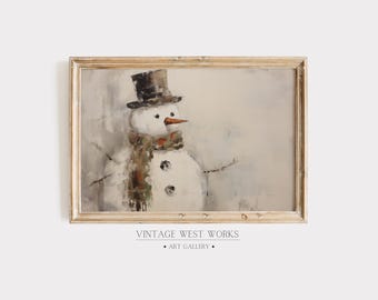 Impresión artística de muñeco de nieve de invierno vintage en tonos apagados / Pintura al óleo navideña de muñeco de nieve rústico tradicional / Decoración del hogar de invierno / Descarga digital imprimible
