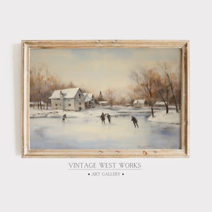 Vintage Outdoor Ice Rink Oil Painting | Rural Town Skating Frozen Pond Art Print | Soft Moody Winter Home Decor | Printable Digital Download