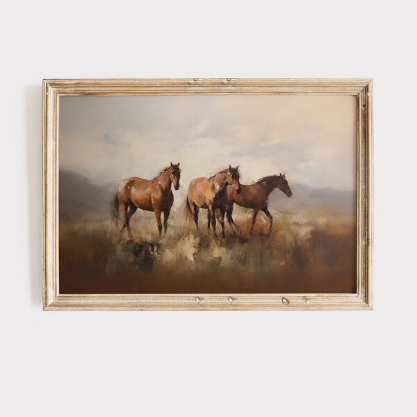 Three Wild Horses Running Art Print | American West Wildlife Oil Painting | Western Landscape Rustic Home Decor | Printable Digital Download