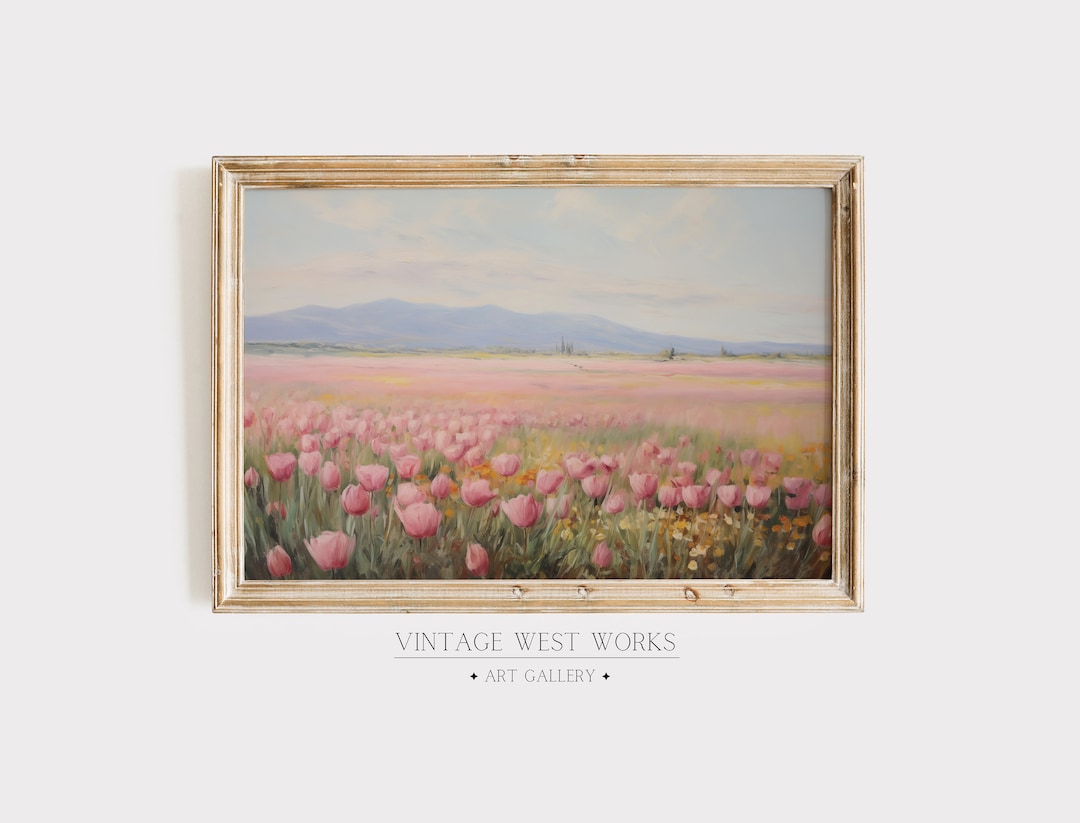 Classic Pink Tulip Field Art Print | Vintage Tulip Landscape Oil ...